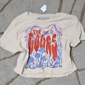 Trendy Tan Crop Top with Red and Purple Graphic